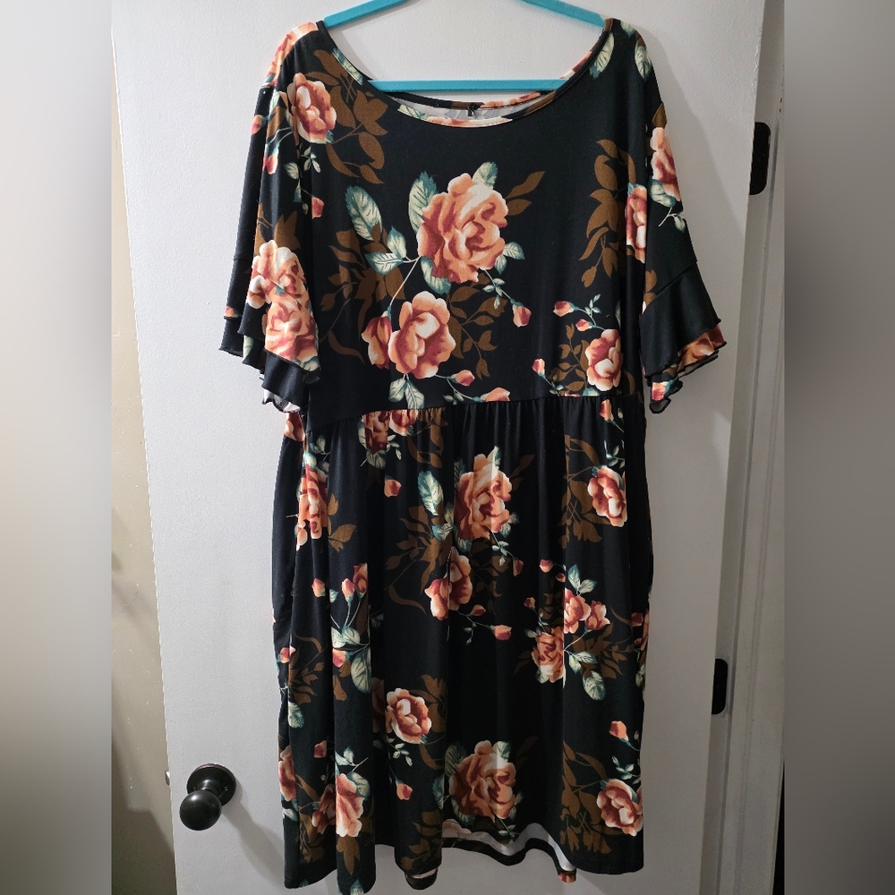 SHEIN Black Floral Dress with Pink and Green Accents